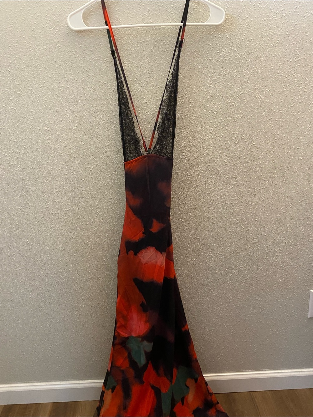 Satin V-Neck Slip Dress with Lace Trim in Red & Black